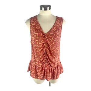 Red Floral Ruched V‎ Neck Peplum Tank Top Womens Small
